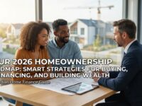 Edmonton mortgage broker consulting with young couple about 2026 homeownership strategies in modern office with new construction homes visible through window