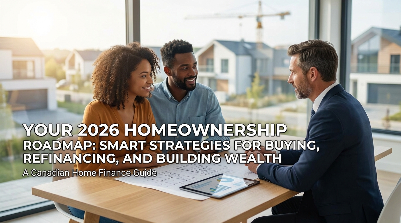 Edmonton mortgage broker consulting with young couple about 2026 homeownership strategies in modern office with new construction homes visible through window