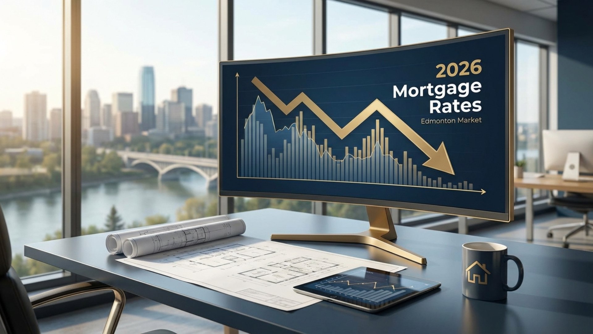 Edmonton market 2026 mortgage rates trending lower with financial chart and keys on desk