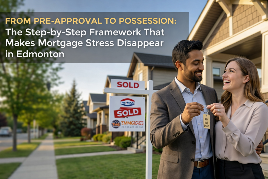 Couple receiving house keys in Edmonton after mortgage approval